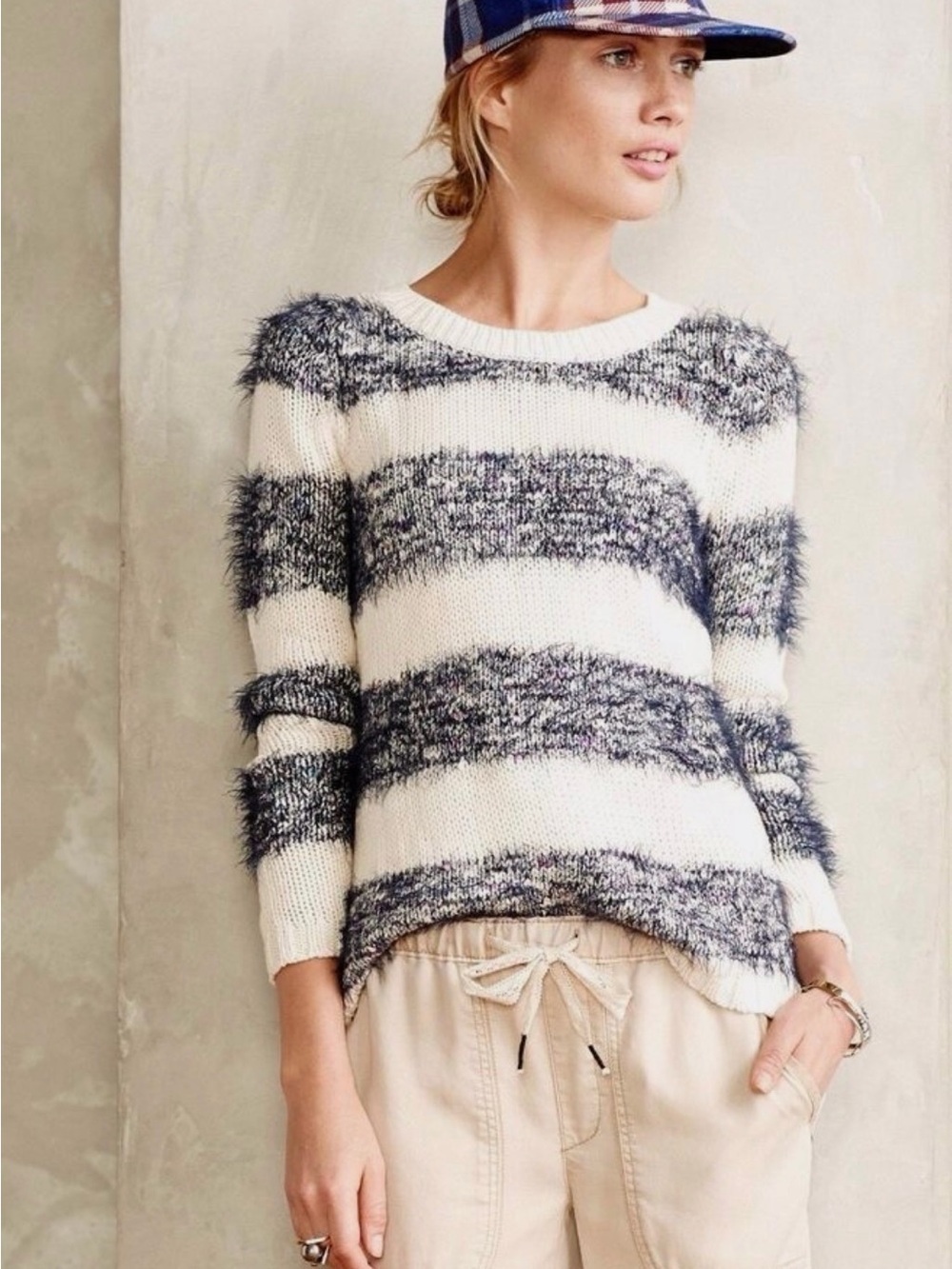 Anthropologie Tabitha Eyelash Rugby Stripe Sweater Blue Cream XS